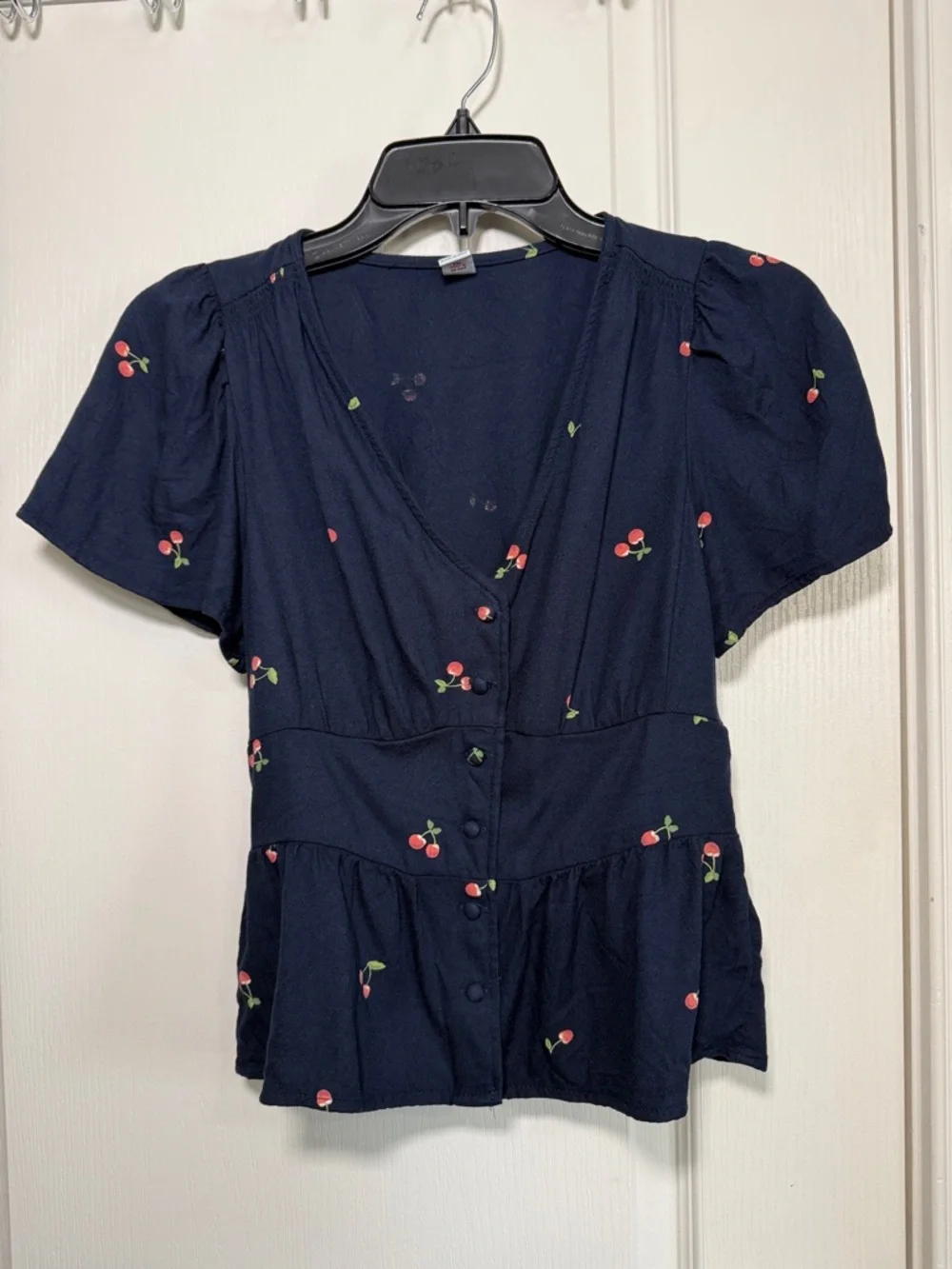 Old Navy Cherry Print Peplum Top Navy Short Sleeve Button Front XS